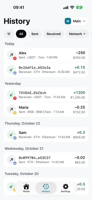 The History screen with demo data: filters for all, sent and received transfers and by network, then transfers grouped by day, sent to and received from contacts named Alex, Maria and Sam and from other addresses, in USDT on Tron, ETH on Ethereum and BNB on BNB Chain.