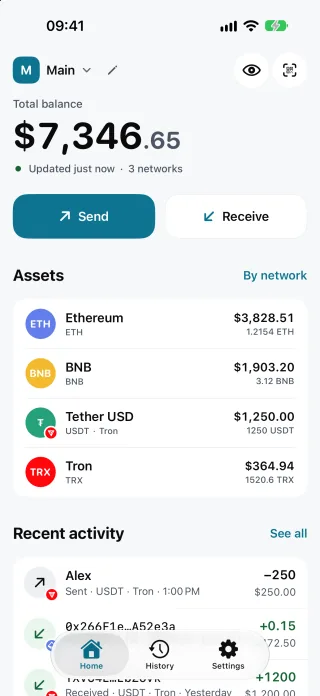 Sealda's Home screen with demo data: a wallet named Main with a total balance of $7,346.65, Send and Receive buttons, its assets by token with their US dollar values (ETH $3,828.51, BNB $1,903.20, USDT on Tron $1,250.00 and TRX $364.94), and its recent activity, starting with 250 USDT sent to the contact Alex on Tron.