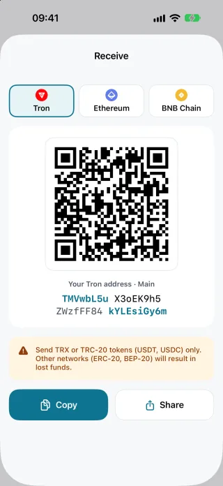 The Receive screen with demo data: Tron, Ethereum and BNB Chain to choose from, Tron selected, the QR code of the wallet Main's Tron address and the address in full, a warning to send only TRX or TRC-20 tokens (USDT, USDC) because other networks (ERC-20, BEP-20) will result in lost funds, and Copy and Share buttons.