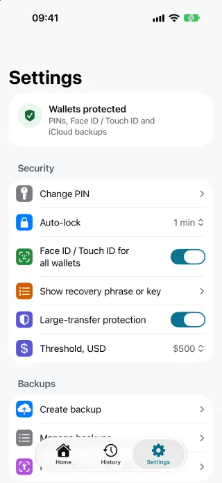 The Settings screen with demo data: a Wallets protected card (PINs, Face ID / Touch ID and iCloud backups), then Security with Change PIN, Auto-lock set to 1 minute, Face ID / Touch ID for all wallets switched on, Show recovery phrase or key, Large-transfer protection switched on and its threshold set to $500, and the start of Backups.